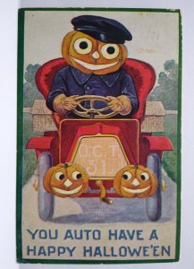 Halloween Postcard Fantasy Goblin Pumpkin Cab Car Driver JOL Headlights 1908 