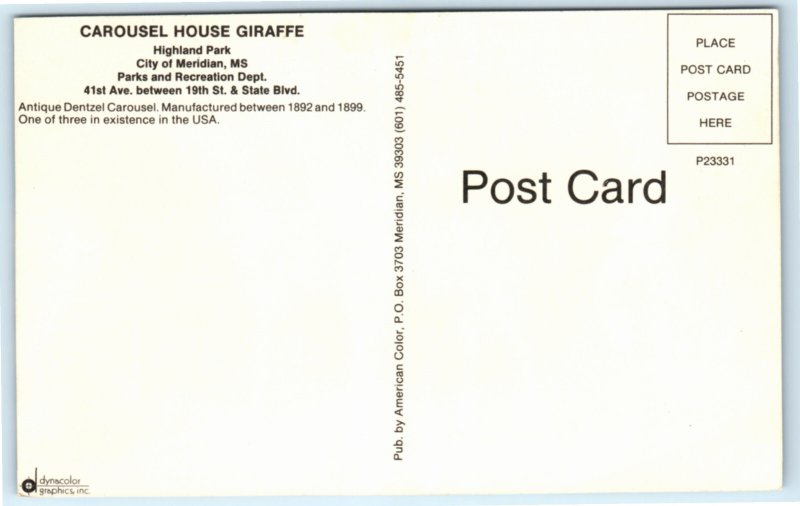Dentzel Carousel Giraffe Meridan MS Mississippi Postcard