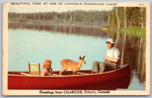 Postcard c1930s Greetings From Calabogie Ontario Deer in Canoe Scenic