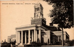 Postcard MA Worcester County Spencer Memorial Town Hall Clock Tower 1940s H22