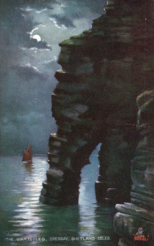 Vintage Postcard The Giant's Leg Bressay Shetland Isles Moonlit Seas Oilette