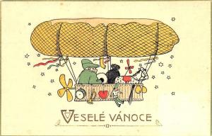 Green Suited Santa Christmas Air Ship Vesele Vanoce Postcard