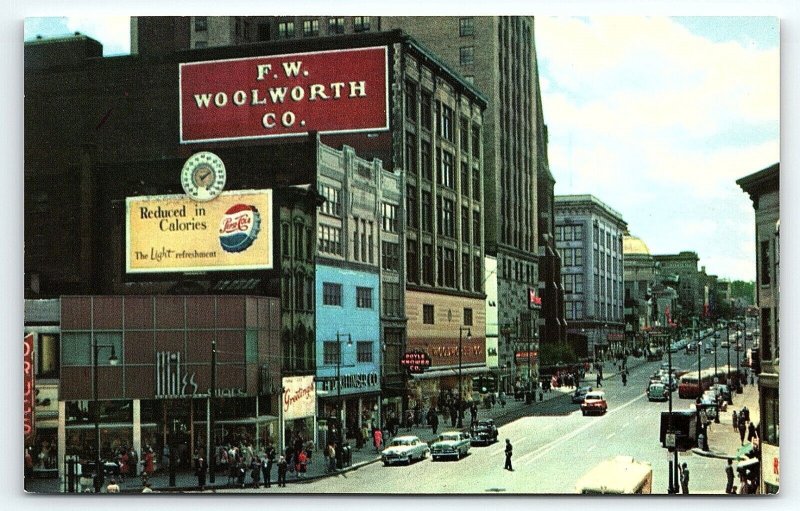 1950s UTICA NEW YORK GENESEE ST F.W. WOOLWORTH PEPSI-COLA SIGNS POSTCARD P3044