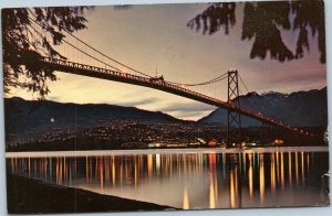 postcard Vancouver Lions Gate Bridge at Dusk