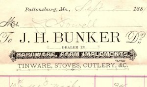 1880s PATTONSBURG MO J.H. BUNKER DEALER HARDWARE STOVES  BILLHEAD INVOICE Z1236