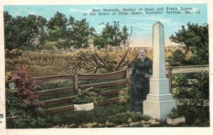 Vintage Postcard 1920s Mrs. Samuels at Grave of Jesse James Excelsior Springs MO