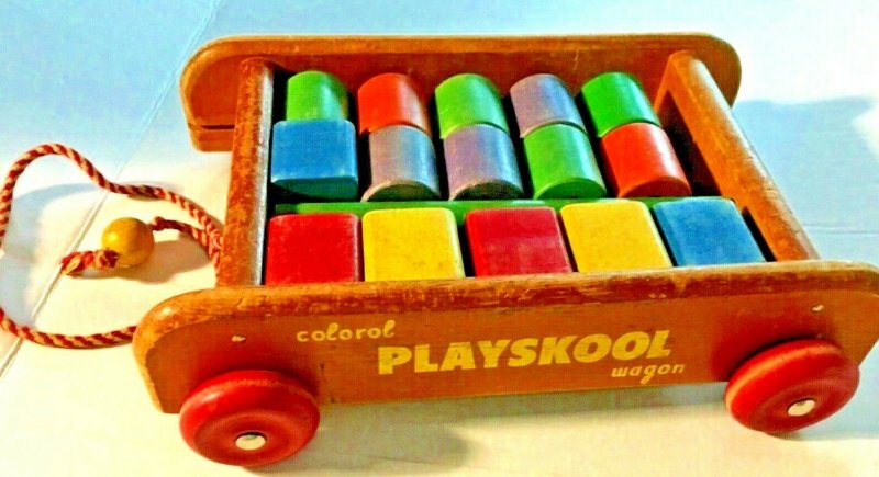 Original Vintage Colorol Playskool Wagon Wood 18 Pieces Building Toys SKU080-047