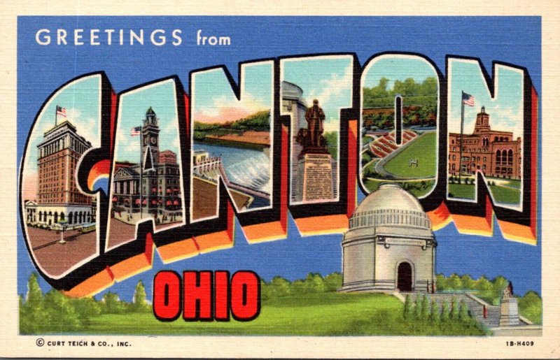 Ohio Greetings From Canton Large Letter Linen 1942 Curteich