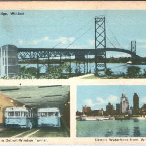 c1940s Windsor ON Ambassador Bridge Detroit MI Tunnel Busses Waterfront Postcard