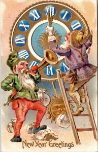 New Year Postcard Gnomes Moving Clock Hands Blowing Horn Bags of Coins