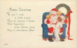 Vintage Christmas Postcard Santa & Children in Armchair, Poem, 431-B Unposted