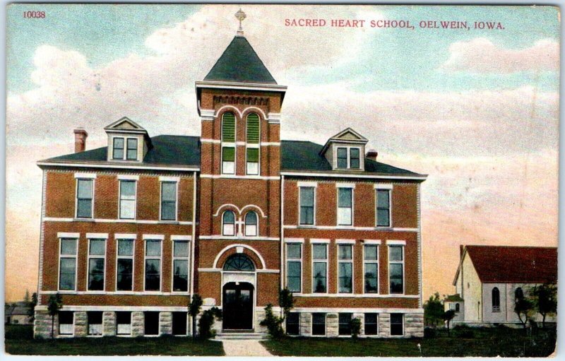 c1910s Oelwein, IA Sacred Heart School Building Litho Photo Postcard Vintage A63