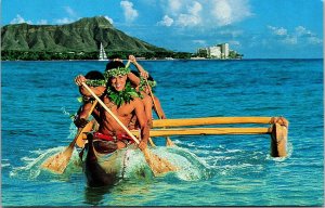 Men Paddling Outrigger Hotels Oahu Kaui Maui Hawaii Postcard