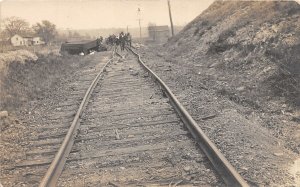 J30/ Railroad Wreck Disaster RPPC Postcard c1910 Tracks People 90