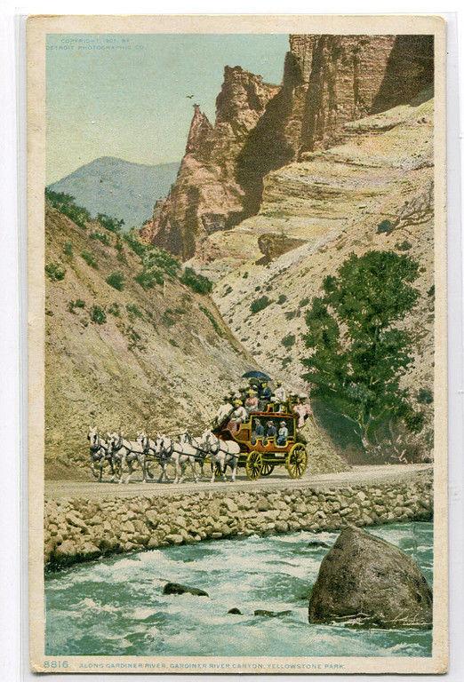 Stage Coach Gardiner River Canyon Yellowstone National Park WY Phostint postcard