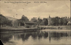 South Lee Massachusetts MA Covered Bridge Church Corner c1910 Postcard