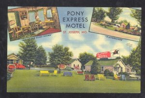 ST. JOSEPH MISSOURI PONY EXPRESS MOTEL INTERIOR LINEN ADVERTISING POSTCARD MO