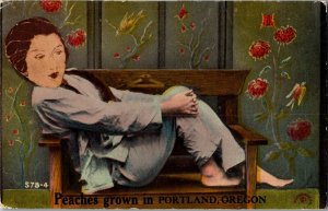Woman in Lounging Pajamas, Peaches Grown In Portland OR Vtg Postcard I48