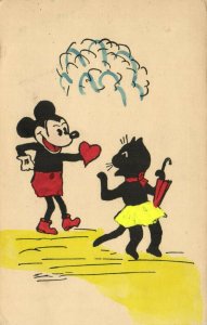 PC DISNEY, MICKEY MOUSE AND A BLACK CAT, Vintage Postcard (b35773)