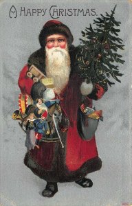 A Happy Christmas Red Robed Santa Claus Arm Full of Toys Embossed Postcard