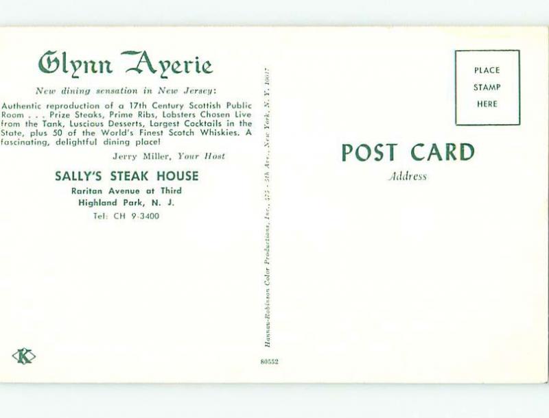 Unused Pre-1980 GLYNN AYERIE RESTAURANT Highland Park New Jersey NJ s0619