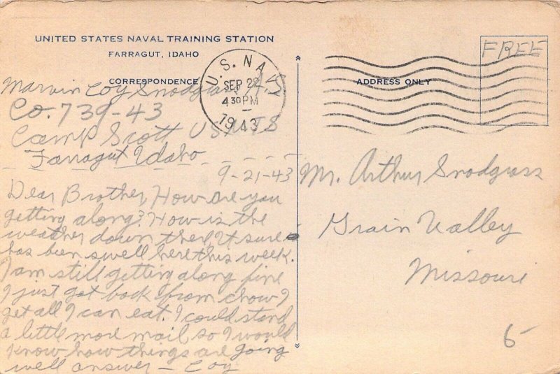 1943, WW2 Soldier Mail, USNTC Navy, Boot Camp, Farragut ID, Message,Old Postcard