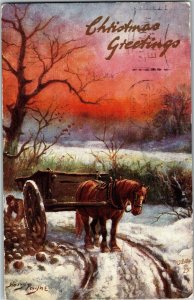 Tucks 3 Beautiful White Winter Horse and Cart, Xmas Greetings c1909 Postcard B59