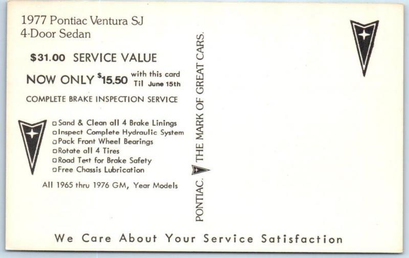 Advertising 1977 PONTIAC VENTURA SJ 4 Door Sedan  Service Reminder Car  Postcard