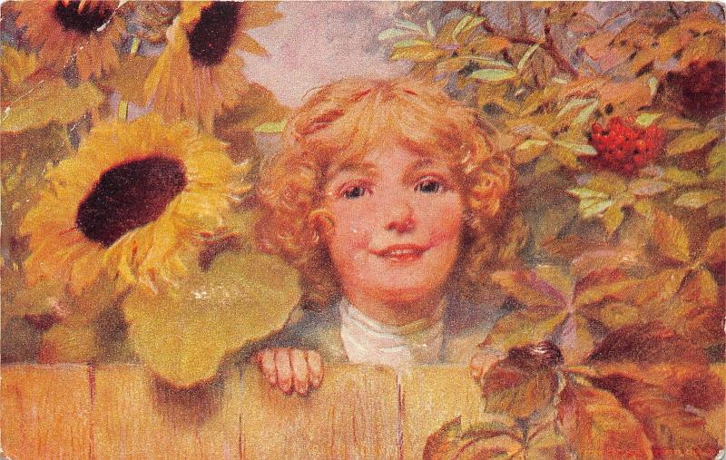 Girl Peeks over Fence~Sunflowers~Berries~c1905 Postcard