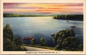 Postcard NJ Wharton - Greetings from Wharton N.J. - canoeing on lake