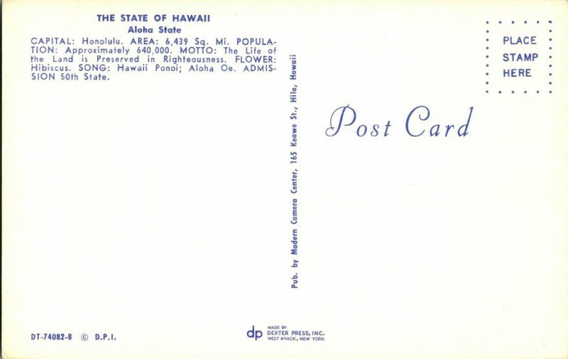 State of Hawaii Aloha State Vintage Map Postcard Standard View Card 