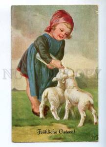 240831 EASTER Girl w/ SHEEP by FIALKOWSKA Vintage postcard