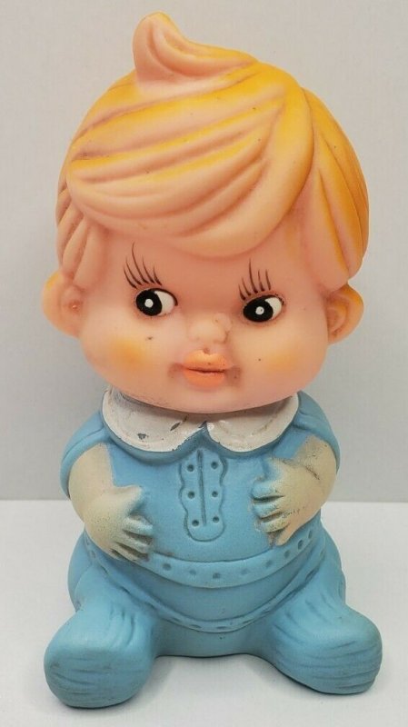 1960s Blonde Baby Boy Blue Pjs Cowlick Squeaky Rubber Toy Korea Belly