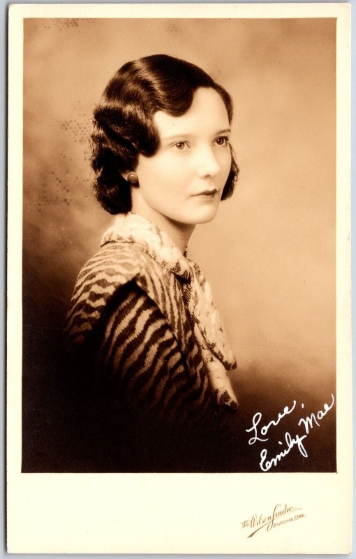 Emily May Portrait Of A Woman Short Curly Hair Real Photo RPPC Postcard