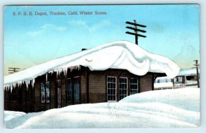 TRUCKEE, CA ~ Winter Snow SOUTHERN PACIFIC RAILROAD DEPOT 1914 Postcard