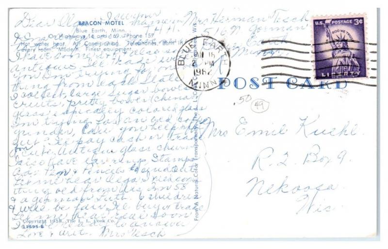 1962 Beacon Motel, Blue Earth, MN Postcard