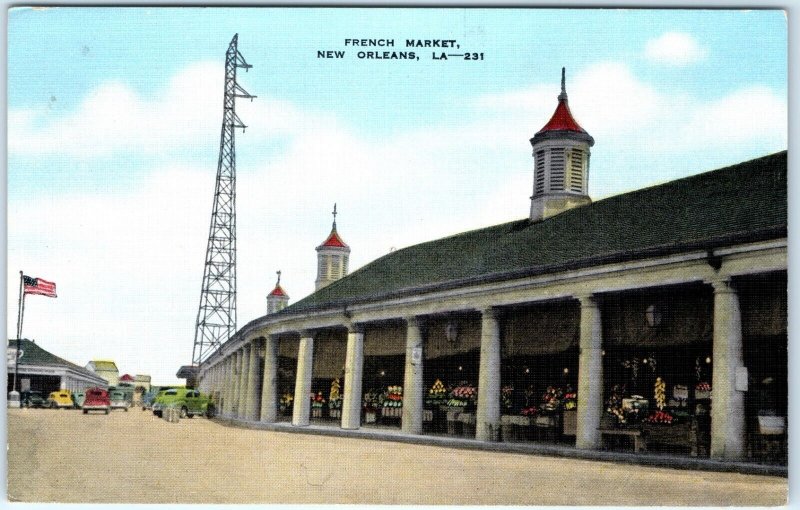 c1940s New Orleans, LA French Market Radio Tower Cars Linen Postcard Fruit A82