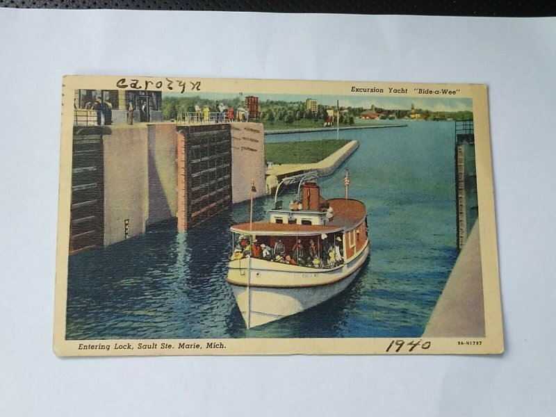 Vintage Postcard Soo Locks Sault Ste Marie Michigan 1940 Bide-a-Wee Yacht posted