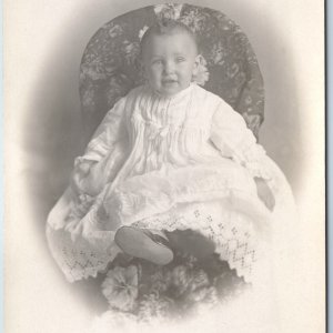 c1910s Cute Baby Boy Portrait RPPC Kewpie Hair Dress Smile Laugh Real Photo A212