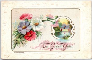 VINTAGE POSTCARD TO GREET YOU GREETINGS FLOWER FISHING SCENE ALLENTOWN PA 1909