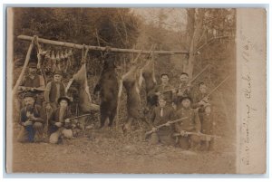 1906 Hunting Club Group Bear Deer Rabbit Rifle Gun Boy Child RPPC Photo Postcard