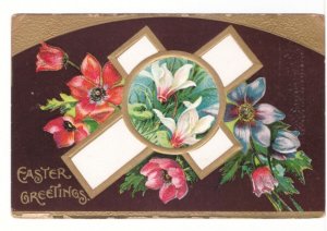 Easter Greetings - Cross And Flowers - Vintage Embossed Greetings Postcard