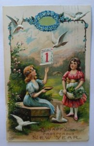 New Year Postcard EAS Germany Original Embossed Girls Doves Columbia SC 1911