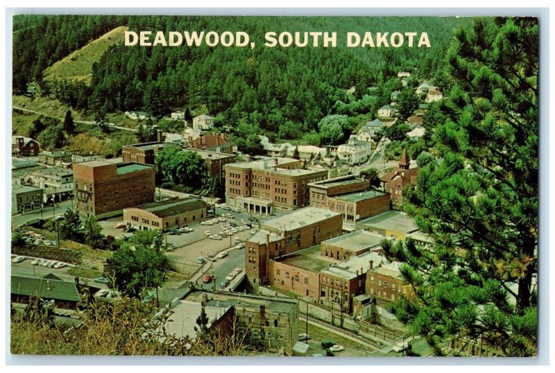 c1950 Hilltop View Historic Buildings Classic Car Deadwood South Dakota Postcard