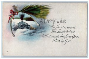 New Year Postcard The Heart Is Warm Wishbone Train c1910's Unposted Antique