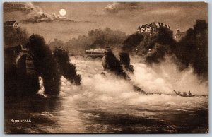 Vtg Switzerland Rheinfall Rhine Falls Waterfall Night View Postcard