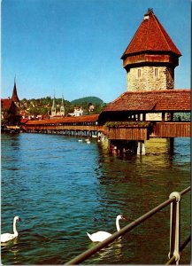 Switzerland Luzern Kapellbruecke Wasserturm & Hofkirche