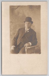 Dapper Older Gentleman Derby Hat Seated Studio Photo RPPC Postcard Y24
