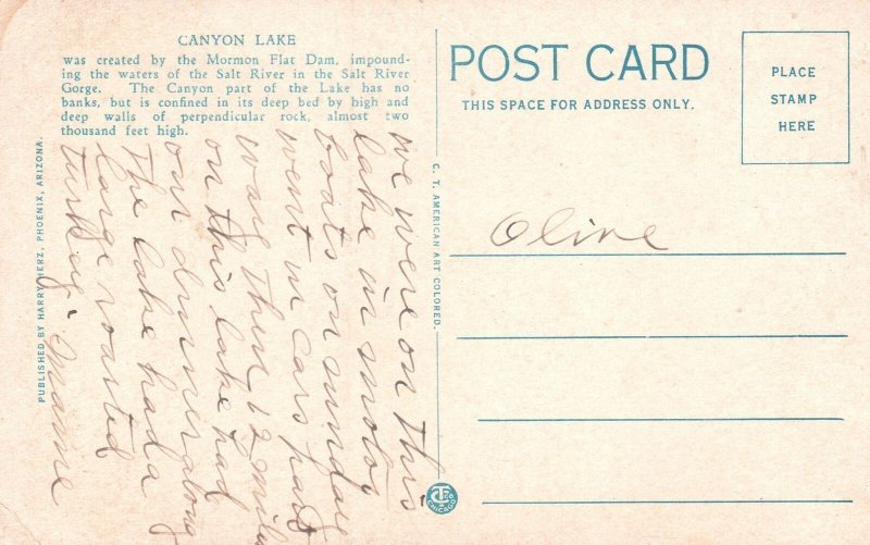 Vintage Postcard Canyon Lake Apache Trail Created By Mormon Flat Dam Arizona AZ