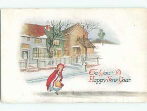 Unused Pre-Linen new year CUTE GIRL IN RED BONNET WITH PURSE HANDBAG k5002